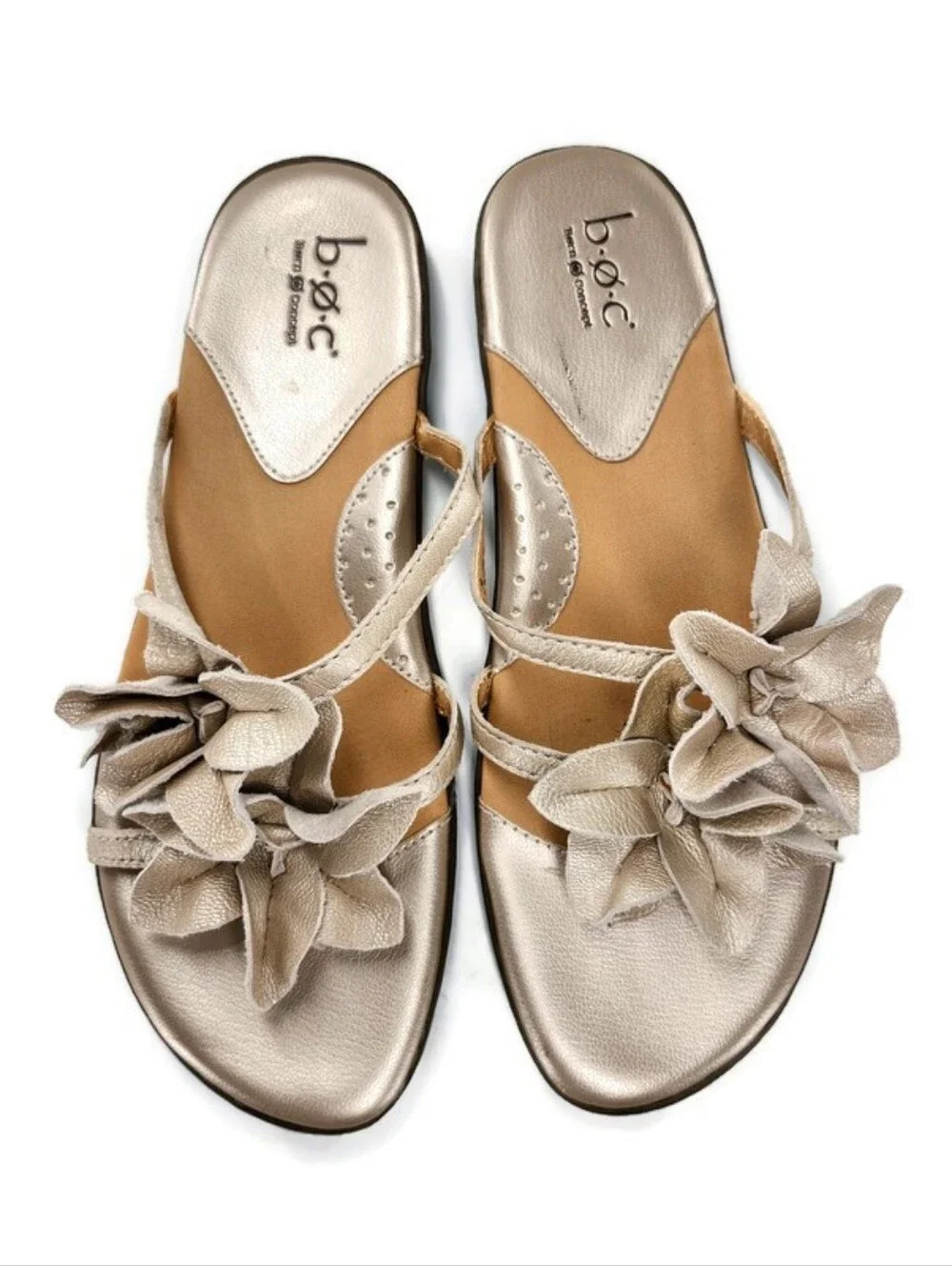 b.o.c. Born Hensley Pale Gold Floral Leather Strappy Flat Slide-On Sandals